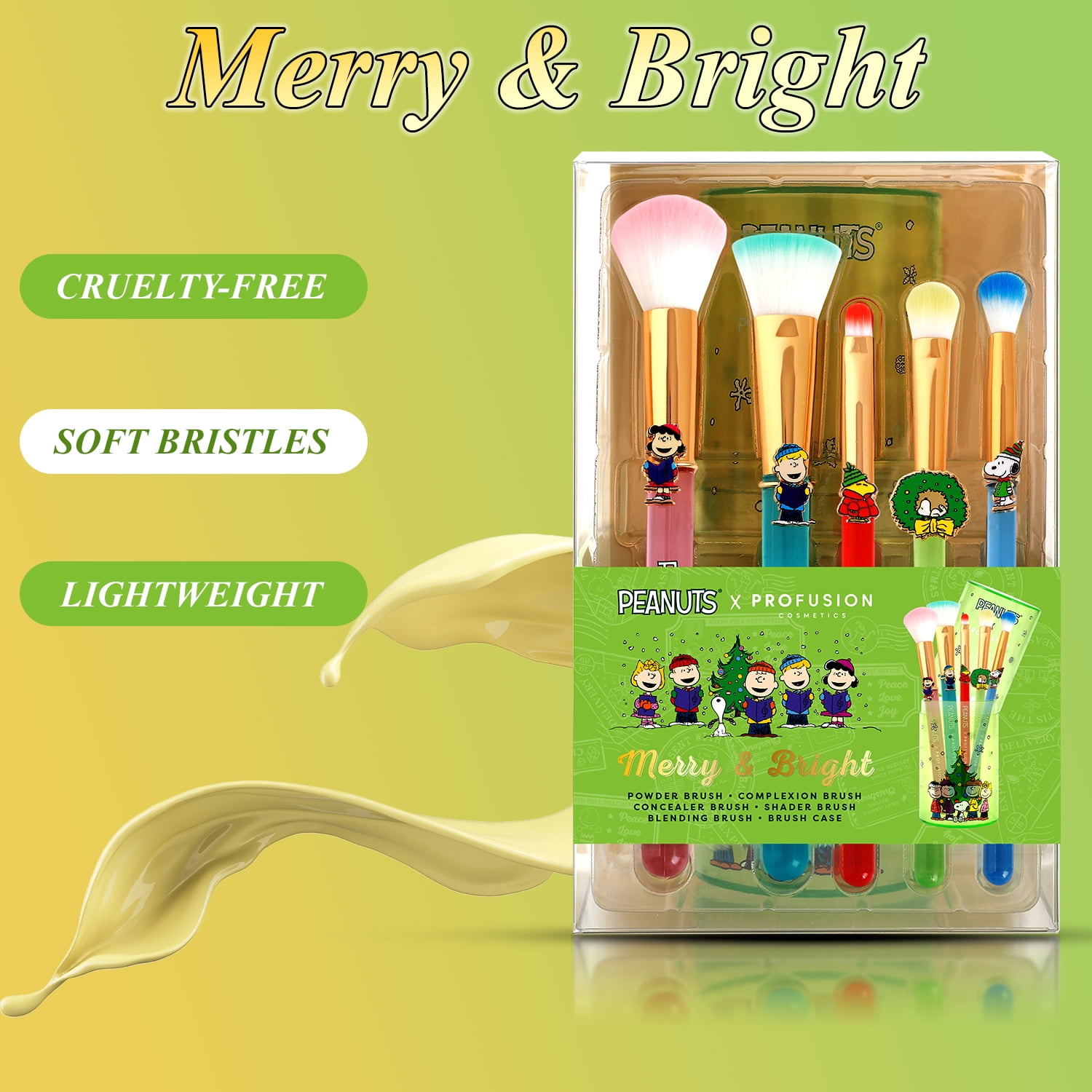 Profusion Cosmetics Peanuts Holiday Merry & Bright Brush Set with Case, 5PC Face & Eye Makeup Brush with Synthetic Bristles for Blending, Shading & Blush