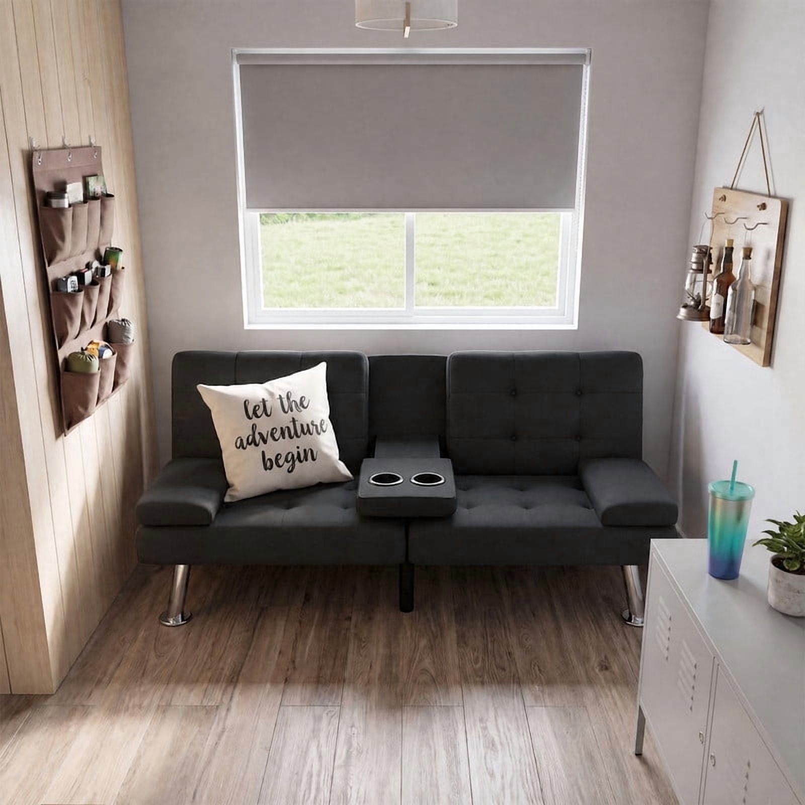 Lacoo 2-Pack Futon Sofa Bed, Linen Convertible Couch Sleeper Sofa, Cup Holders, Small Spaces,Black
