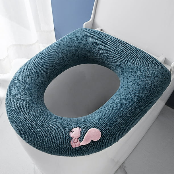 Funda de Asiento de Inodoro Lavable y Reutilizable | Cojín Suave y Cálido | Se Adapta a Inodoros Redondos y Alargados | Fácil Instalación | Cómodo Calentador de Asiento para Invierno En Azul Marino,