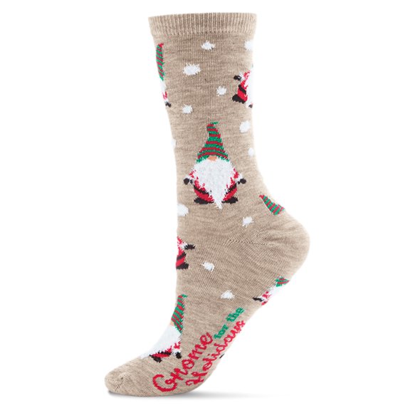 MeMoi Gnome for the Holidays Crew Socks - Womens - Female, 9-11, Khaki Heather
