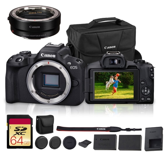 Canon EOS R50 Mirrorless Camera (5811C002)   EF-EOS R Adapter   Tripod Grip   LP-E17   Bag   64GB Card