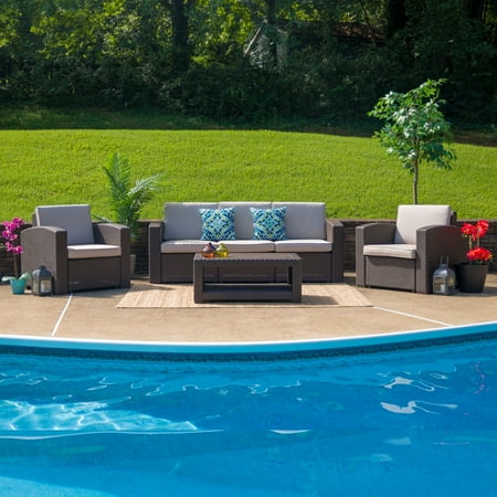 Two's Company Hanging Rattan Chair Flash Furniture 4 Piece Outdoor Faux Rattan Chair, Sofa and Table Set in Chocolate Brown ()