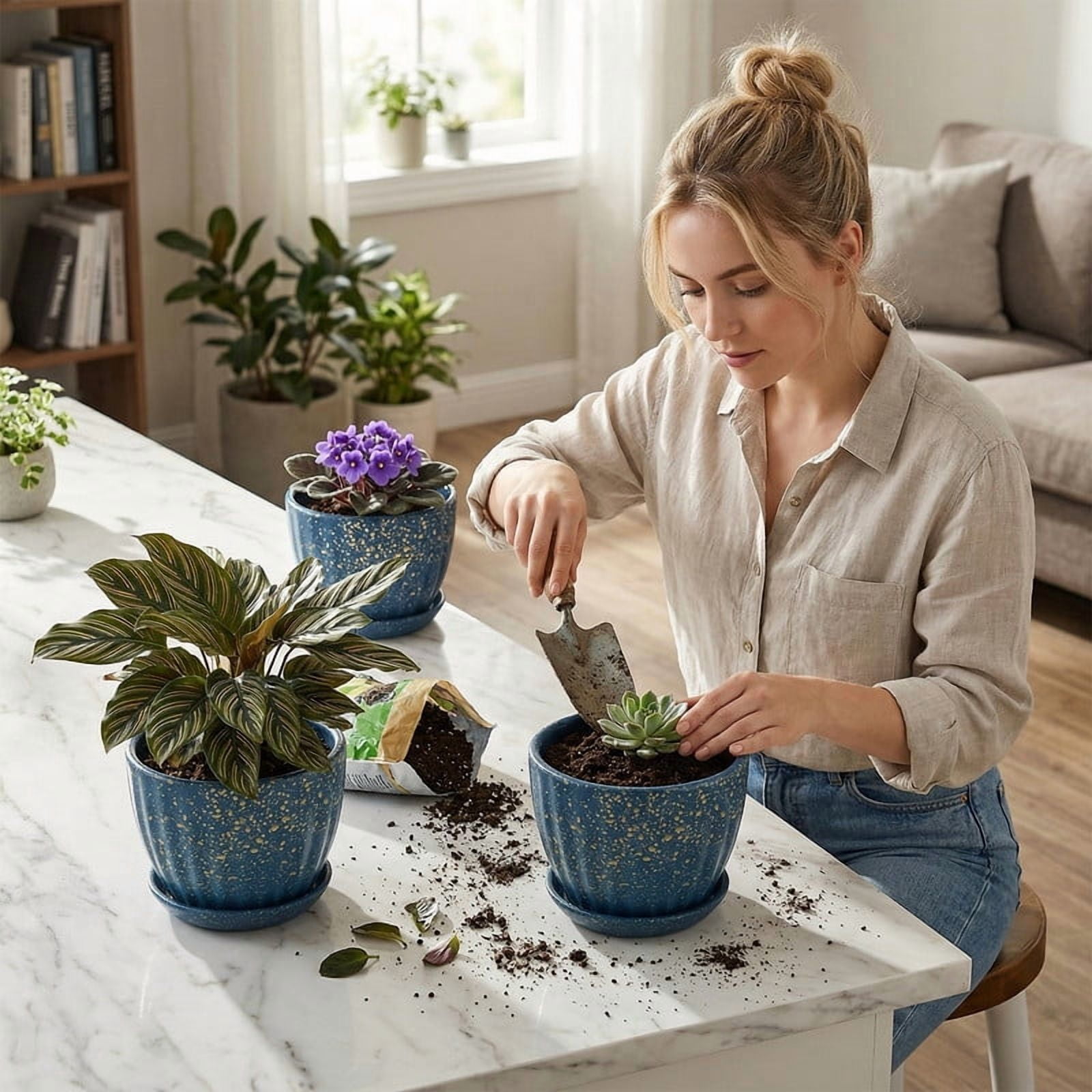 Ceramic Plant Pots with Drainage Holes and Saucers, Round Blue Flower Pots for Indoor Plant, Diameter 4.5/5.5/6.6 Inches Small Mini Flower Planters Set of 3