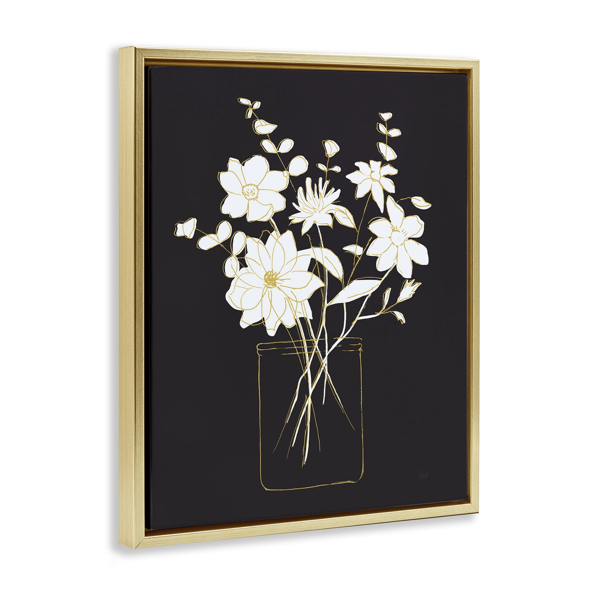 Stupell Industries Classy Jar of Flowers Botanical & Floral Painting Gold Floater Framed Art Print Wall Art, 17 x 21