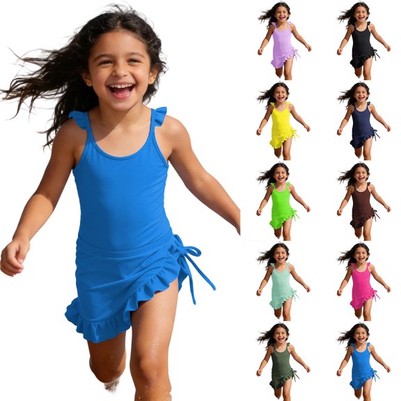 Xiaoxatg Girls Swimsuit One Piece Ruched Solid Color Bathing Suit for Girls Ribbed Adjustable Straps Pad Swimwear 5-6 Years Dark Green