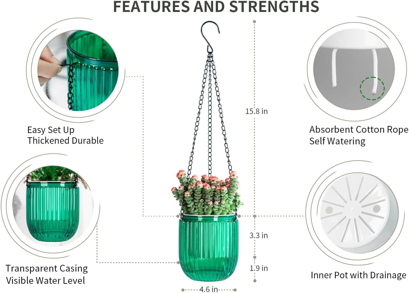 4.5 Inch 2 Pcs Self Watering Hanging Planter Indoor Plant Pots Drainage Holes, Outdoor Small Hanging Planters Flower Pot Basket, Visible Water Level, Plant Hanger Home Decor, Gardening