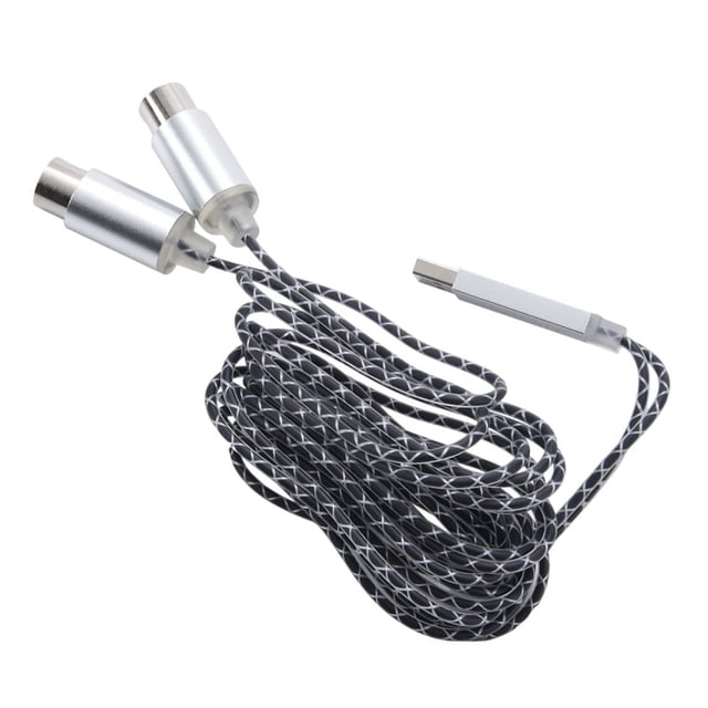 Cable MIDI ELEMENT a convertidor USB IN-OUT, interfaz MIDI profesional con luz indicadora, chip de procesamiento y carcasa metálica.