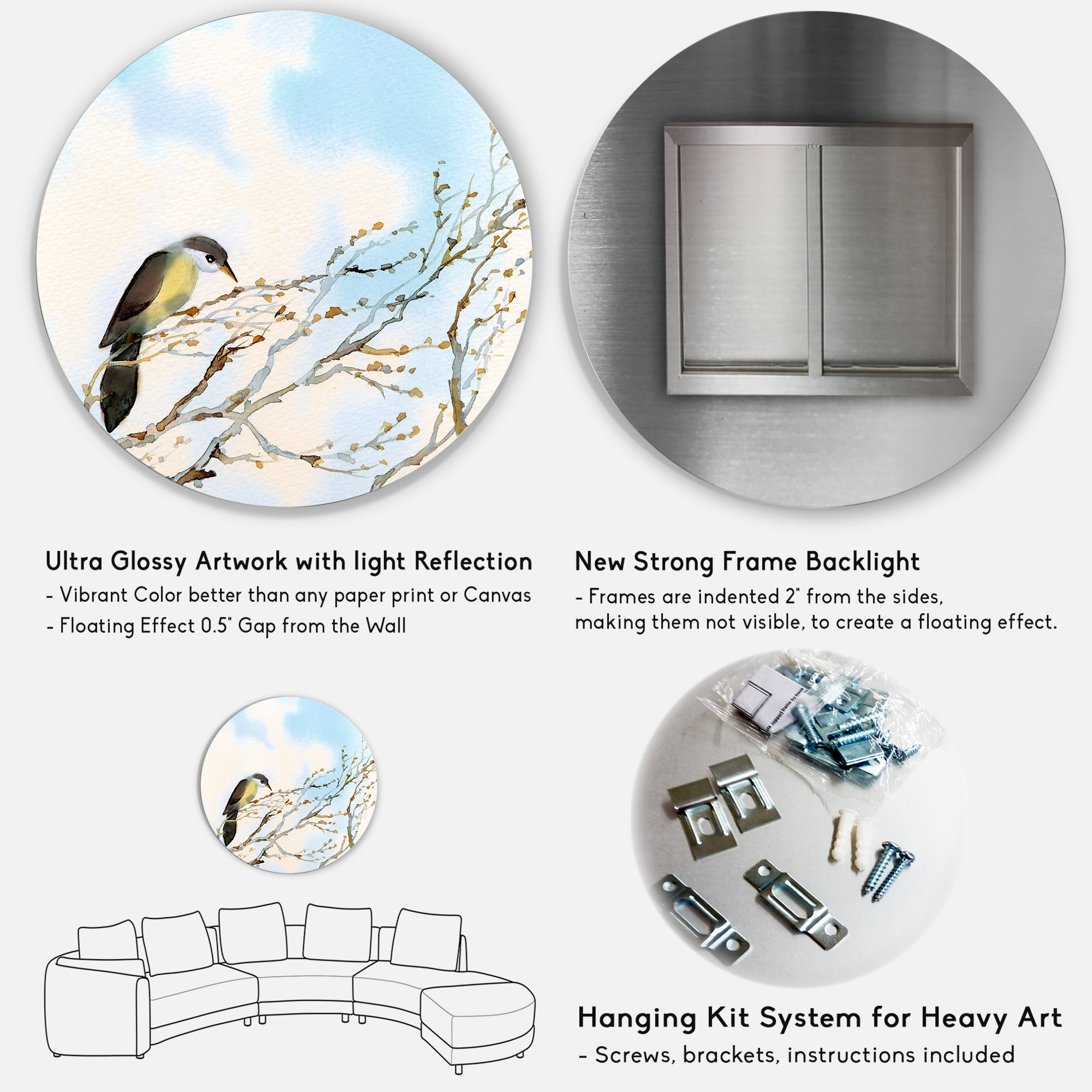 Designart 'Bird Sitting On Old Bare Tree With Blue Cloudy Sky' Traditional Circle Metal Wall Art 29x29 - Disc of 29