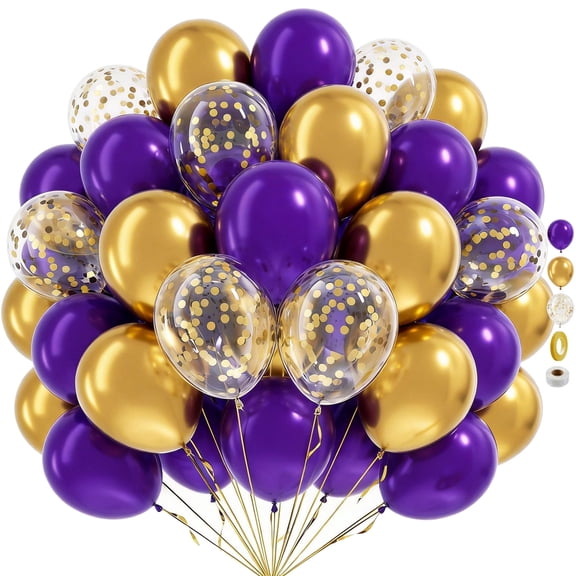 Purple and Gold Balloons,12 In 60 Pcs Purple Balloon Metallic Gold Balloons and Confetti Balloon for Baby Shower, Birthday, Wedding Supplies