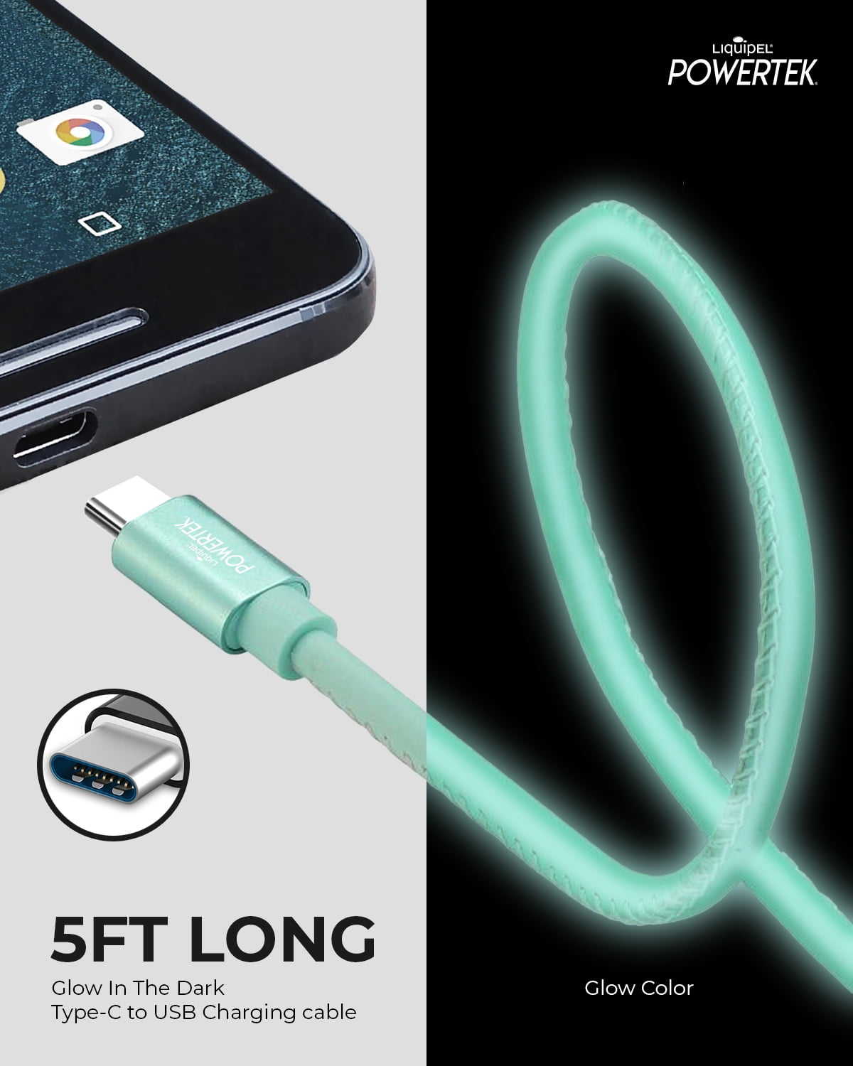 Liquipel TYPEC GLOW 5' Type A to Type C Cable, Blue