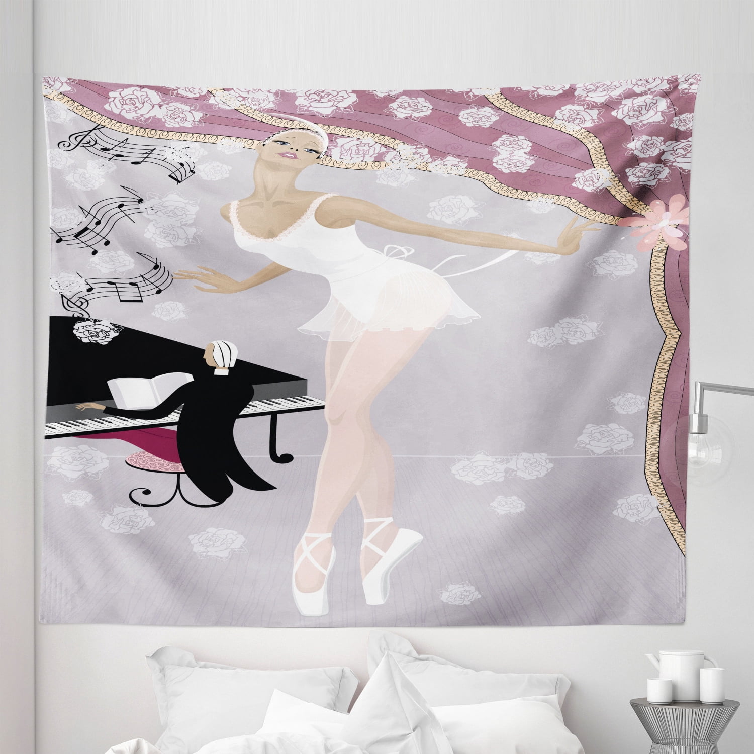 Image showcasing Ballet Tapestry, Graceful Ballerina on Stage Showered Flowers and ...