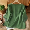 thumbnail image 4 of DeHolifer T-Shirts for Women Cotton Linen 3/4 Sleeve Embroidered Retro Printed Crewneck Casual Loose Blouse Green L, 4 of 8