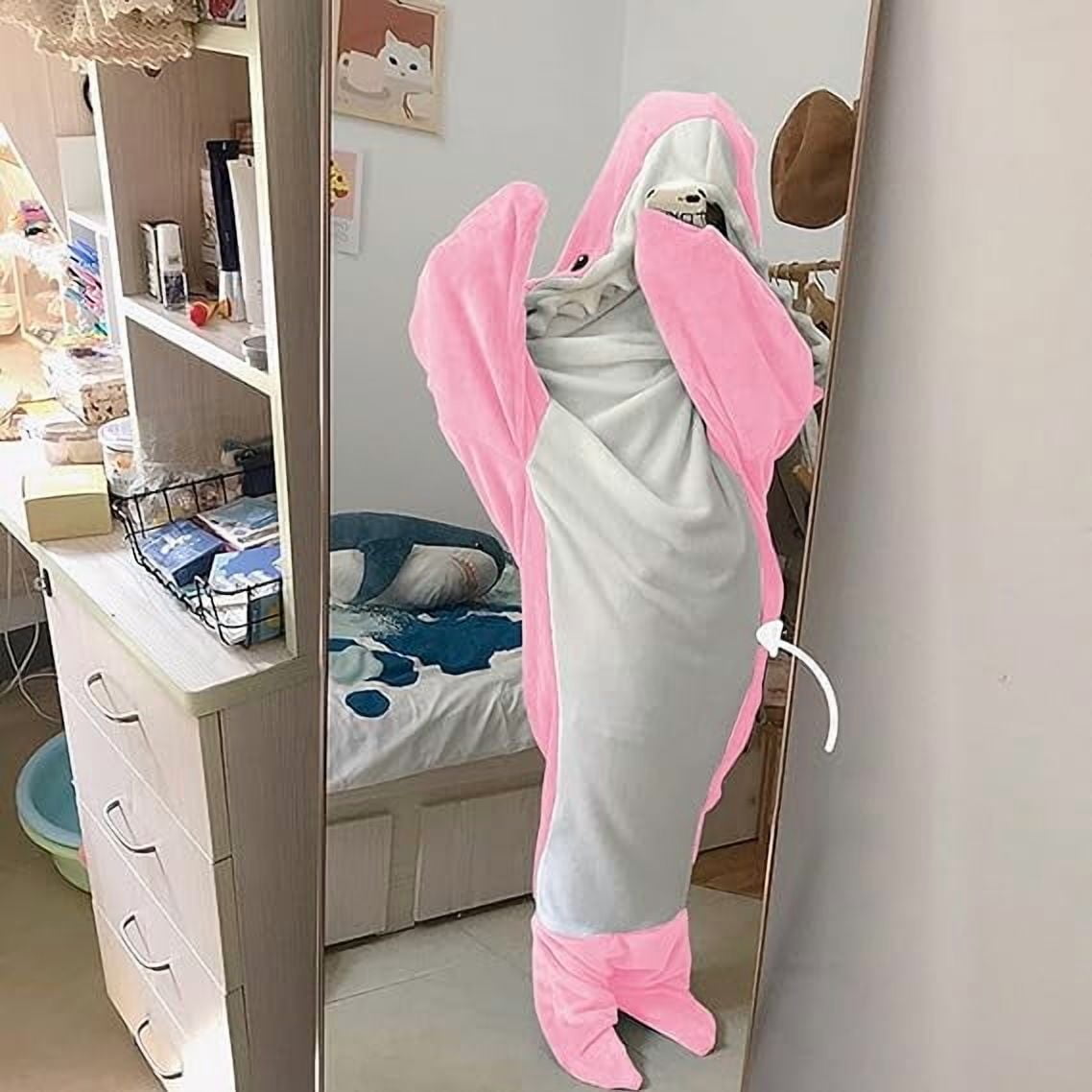 Shark Blanket Hoodie Onesie, Pink Wearable Sleeping Bag for Adults, Soft Cozy Costume, L