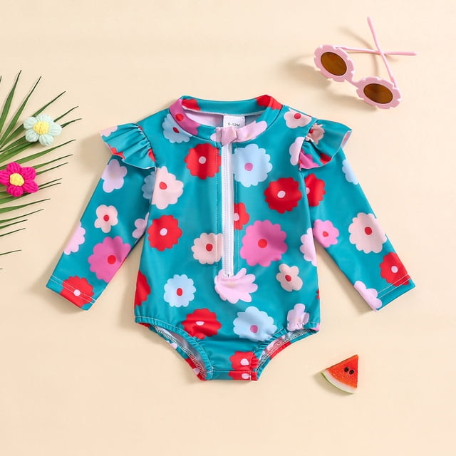 Toddler Girls Rash Guard Swimming Bathing Suit Striped Ruffle Sun Protection Long Sleeve Swimwear Bathing Suit 12-18 Months Girls Clothing
