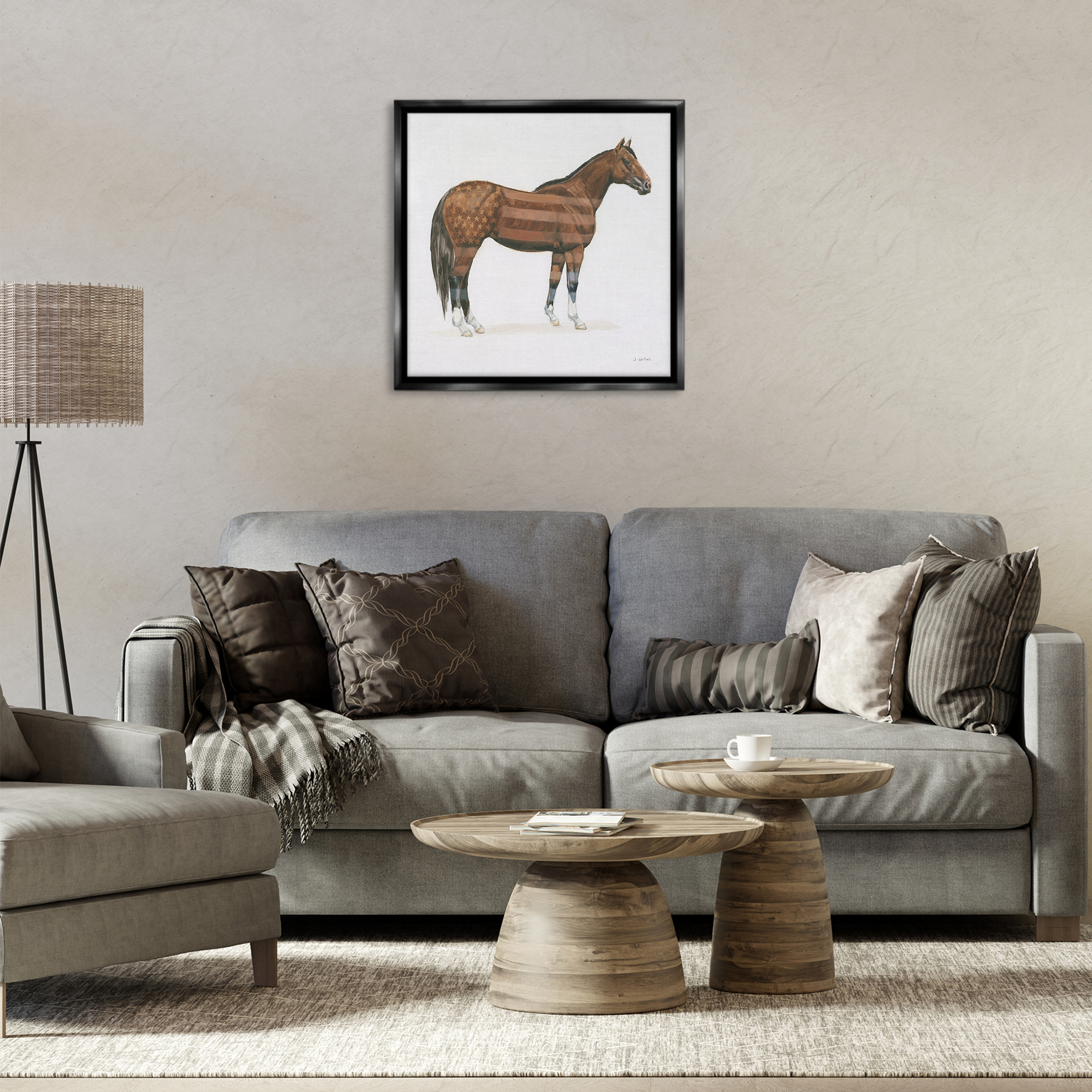 Stupell Industries American Flag Horse Animals & Insects Painting Black Floater Framed Canvas Art Print Wall Art, 25 x 25