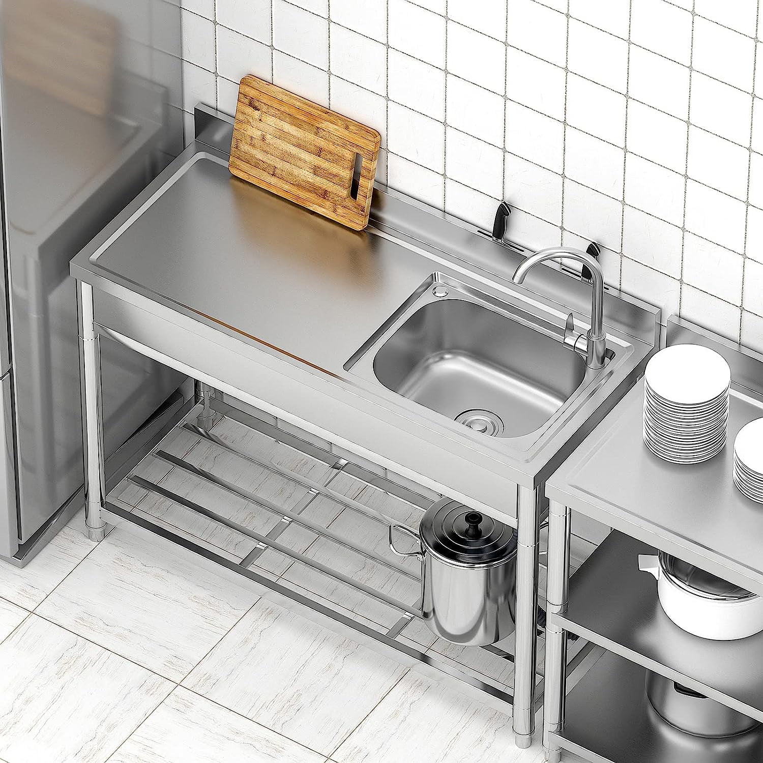 47*20*37 inch Free Standing Stainless-Steel Single Bowl Commercial Restaurant Kitchen Sink Set w/Faucet & Drainboard, Prep & Utility Washing Hand Basin w/Workbench & Storage Shelves