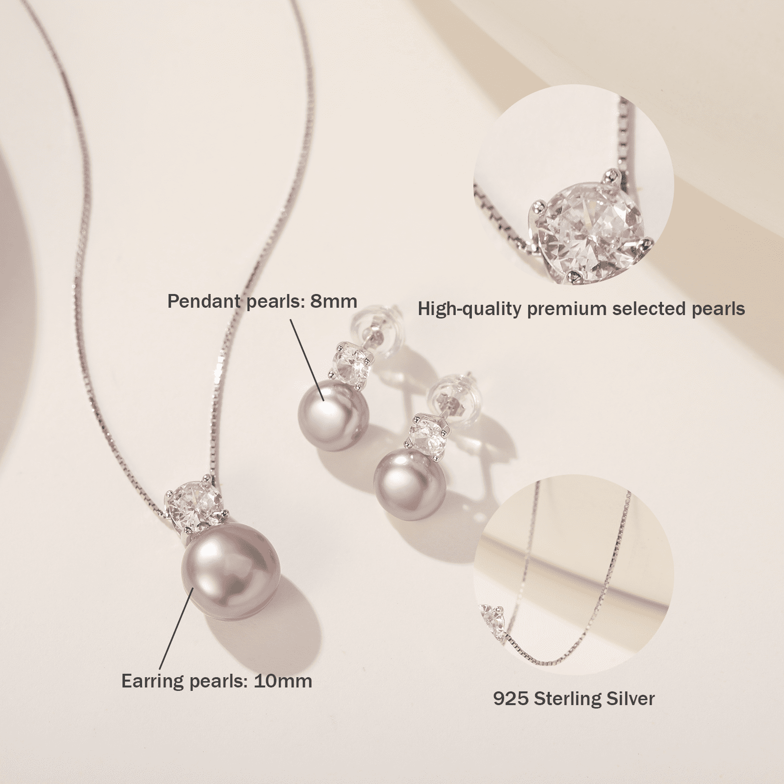 BAMIKI 8-10 mm Purple  Cultured Pearl Earrings and Necklace Set for Women, 925 Sterling Silver Jewelry, Hypoallergenic Gift