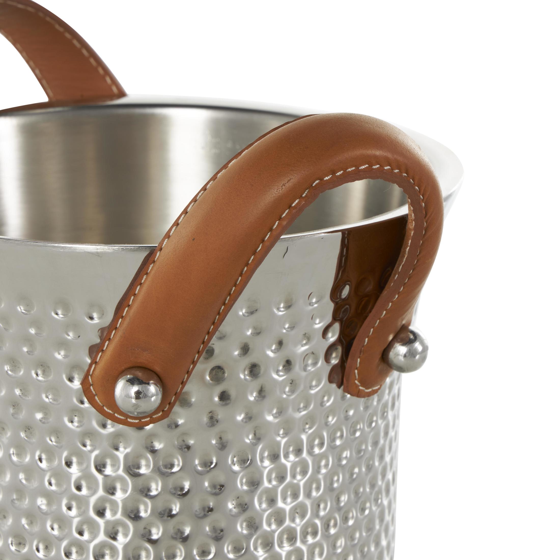 DecMode Round Stainless Steel Metal Hammered Silver Ice Bucket with Brown Leather Handles