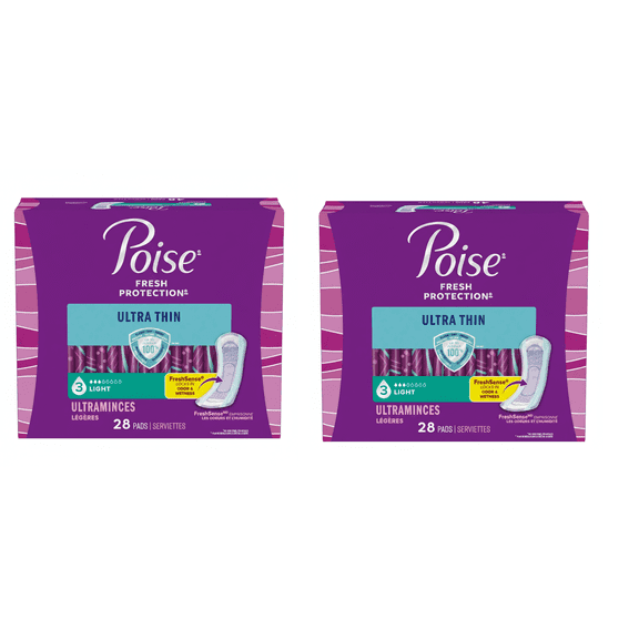 Poise Ultra Thin Incontinence Pads & Postpartum Pads for Bladder Leaks, 3 Drop Light Absorbency, Regular Length, 28 Count (2  Pack)