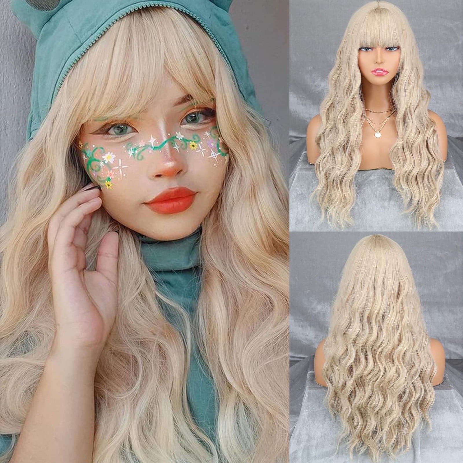 YSGFHGJW Wigs for Black Women,Long Curly Wig With Bangs Hair Wig For Women Synthetic Natural Wig Various Colors Available Daily Wear Party And Cosplay Soft Wig,Beige