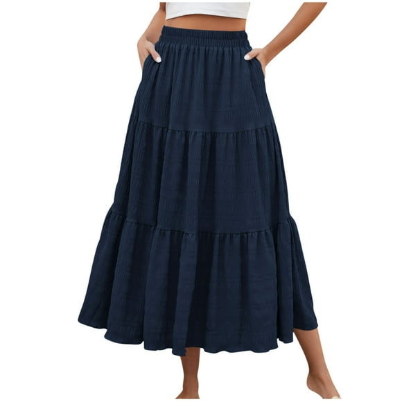 Bocqde Flowy Skirts for Women Summer Solid A-Line Ruffle Swing Long Skirt Fashion Casual Elastic High Waist Boho Maxi Skirt