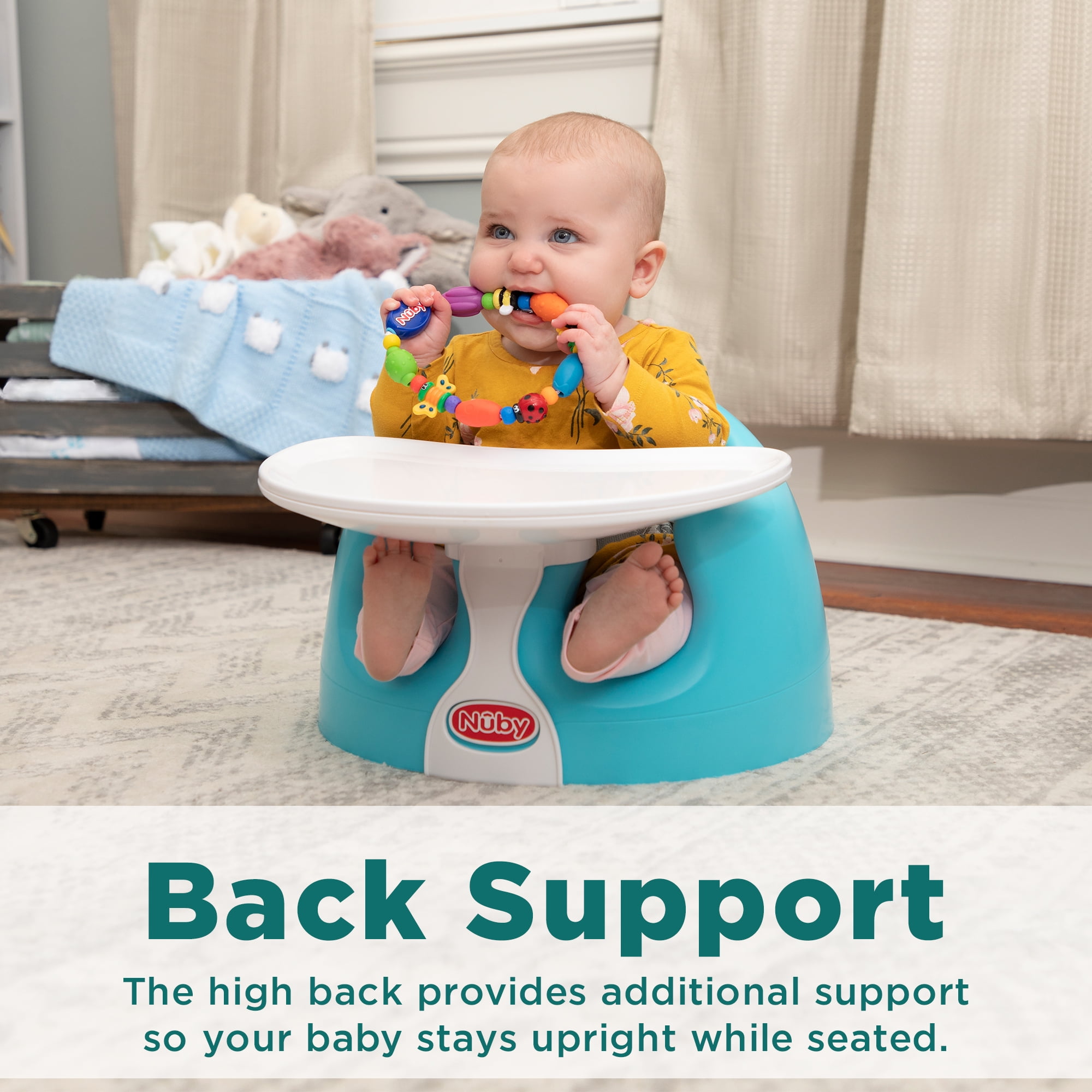 Nuby My Floor Seat Soft Foam Baby Booster Seat with 3-Point Harness, Aqua
