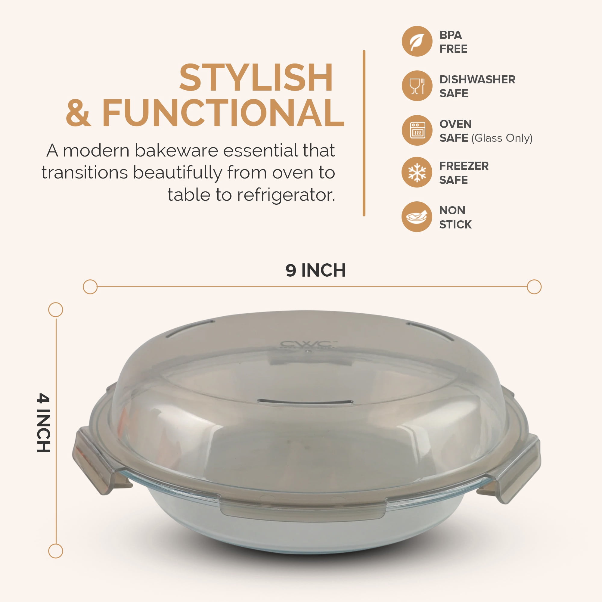 Cook with Color Glass Pie Dish with Lid, 9-inch, BPA-Free Borosilicate, Microwave & Dishwasher Safe