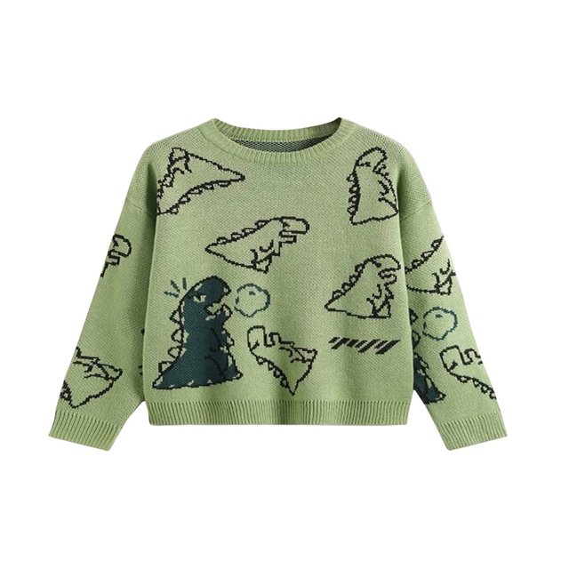 AMERTEER Hauts Décontractés en Tricot pour Femmes Imprimé Dinosaure Col Rond Manches Longues Chandail Décontracté pour Printemps Automne