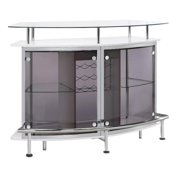 Pemberly Row Glass Top Wood Bar Unit White High Gloss and Chrome