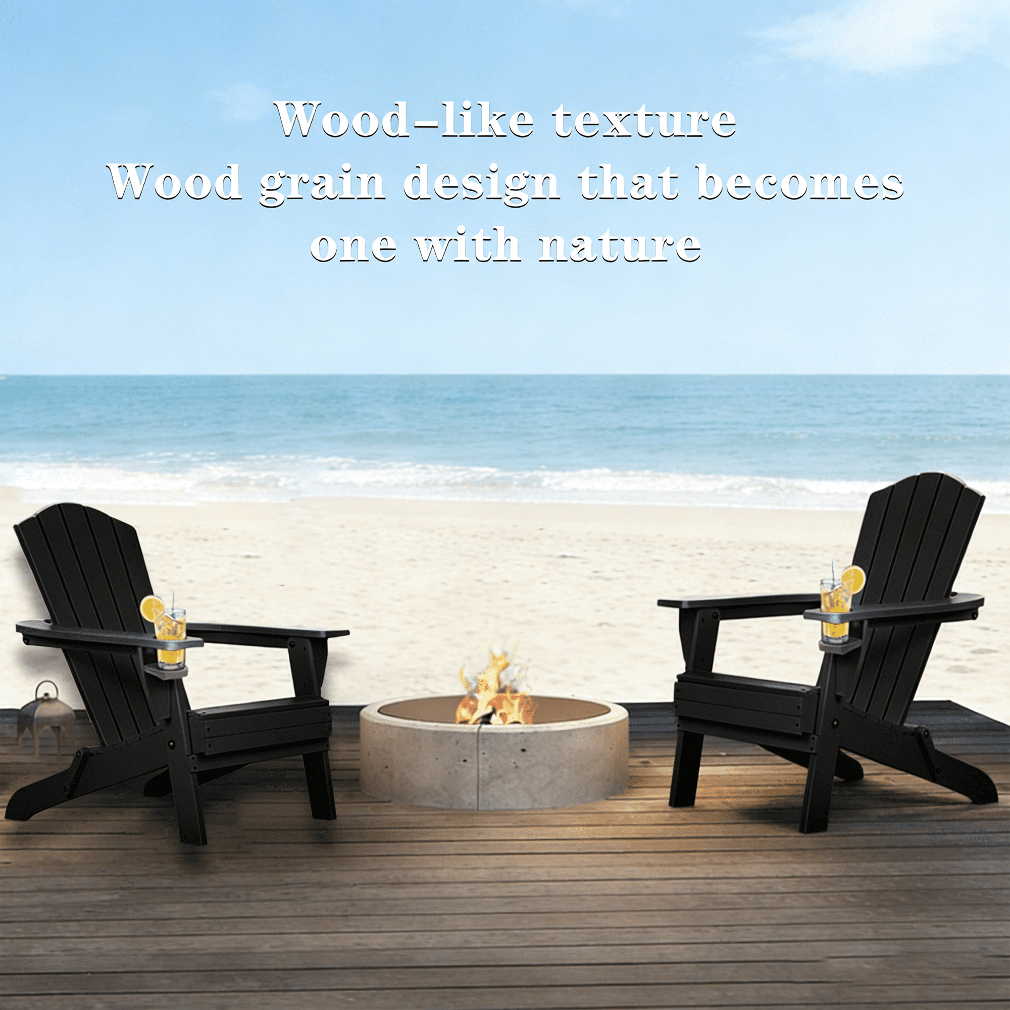 Nalwort Adirondack Chairs, Outdoor Wooden Lawn Chairs with Cup Holder, Patio Chair for Garden,Yard,Poolside,Backyard, 350lb Weight Capacity (Black)