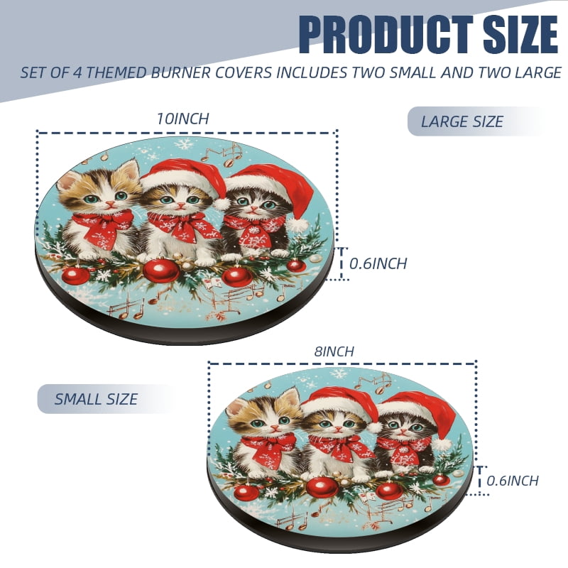 Round Stove Burner Covers for Electric Stove, Cute Cats in Christmas Vibe Mental Easy to Clean Gas Stove Burner Covers Set of 4 for Kitchen Holiday Decor, 8 Inches and 10 Inches