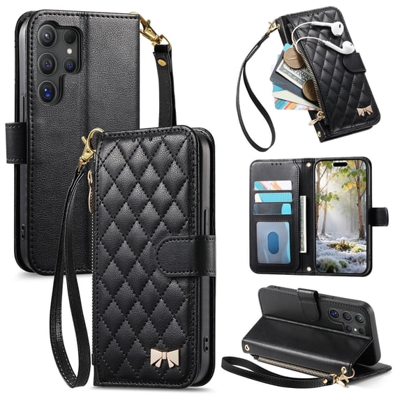Wallet Case for Samsung Galaxy S26 Ultra, Premium Lychee Texture PU Leather Magnetic Closure Zipper Pocket Case Kickstand Card Holder Slots with Wrist Strap TPU Shockproof Flip Phone Cover - Black