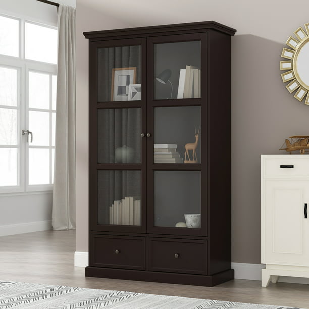 Storage Cabinet With Drawer Dark Brown, Modern Bookcase With Glass Doors And Drawers