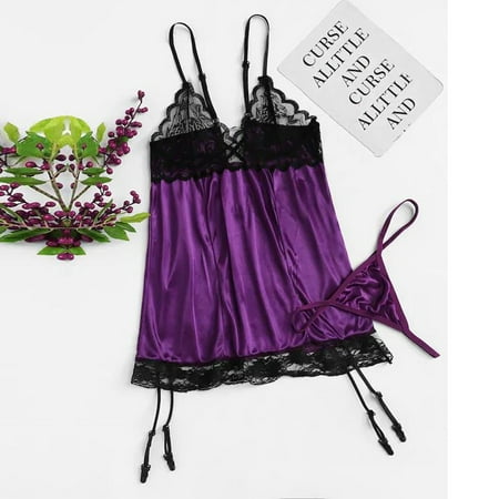 

Gzaac Women Sexy Floral Contrast Lace Bandage Lingerie Nightwear Underwear With Garter