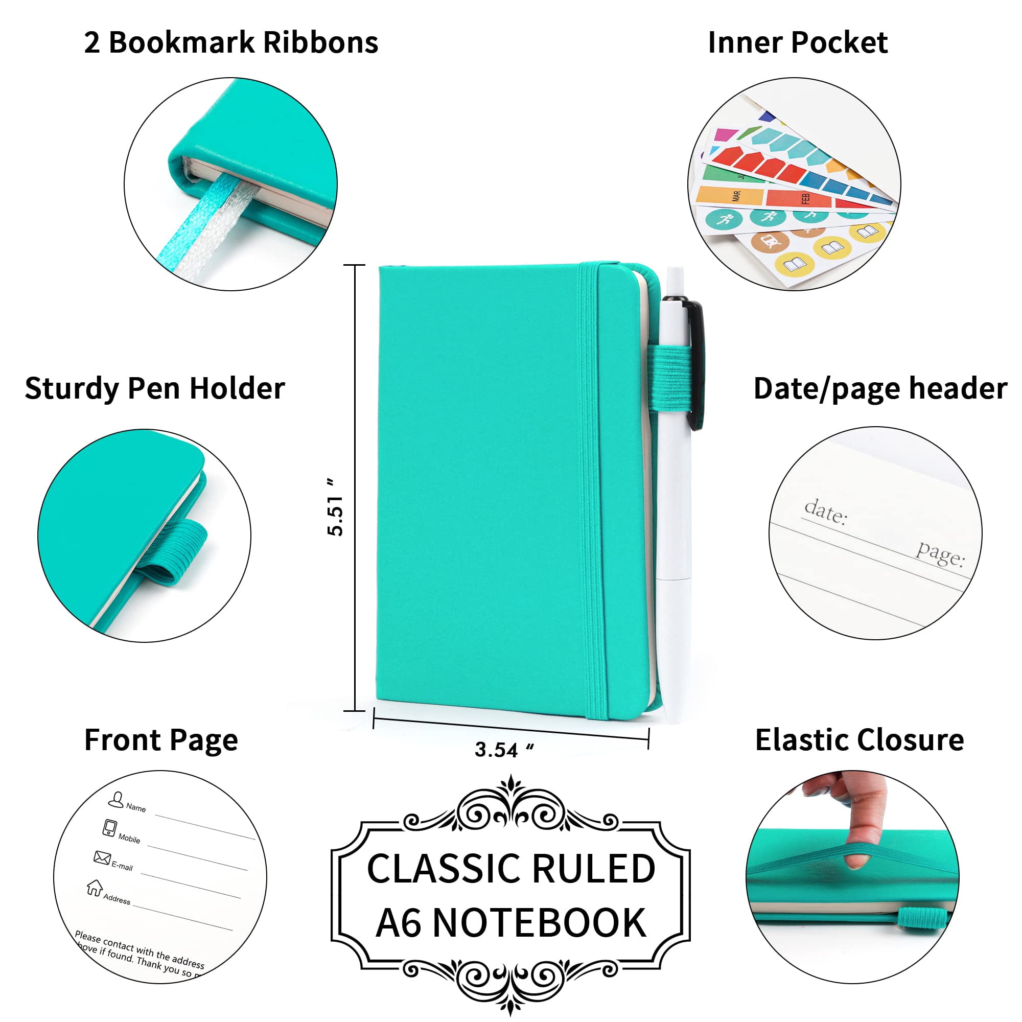 3 Pack Pocket Small Notebook Journals  Mini Cute Memo Notepad Hardcover College Ruled Lined With Pen Holder For Women Office School 3 Black Pens 3.5"x 5.5" A6 Aqua