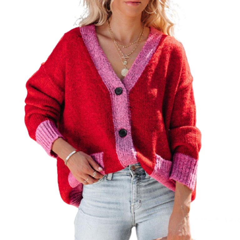 Women's Button Knitted Cardigan Red Paneled V-Neck Knit Sweater