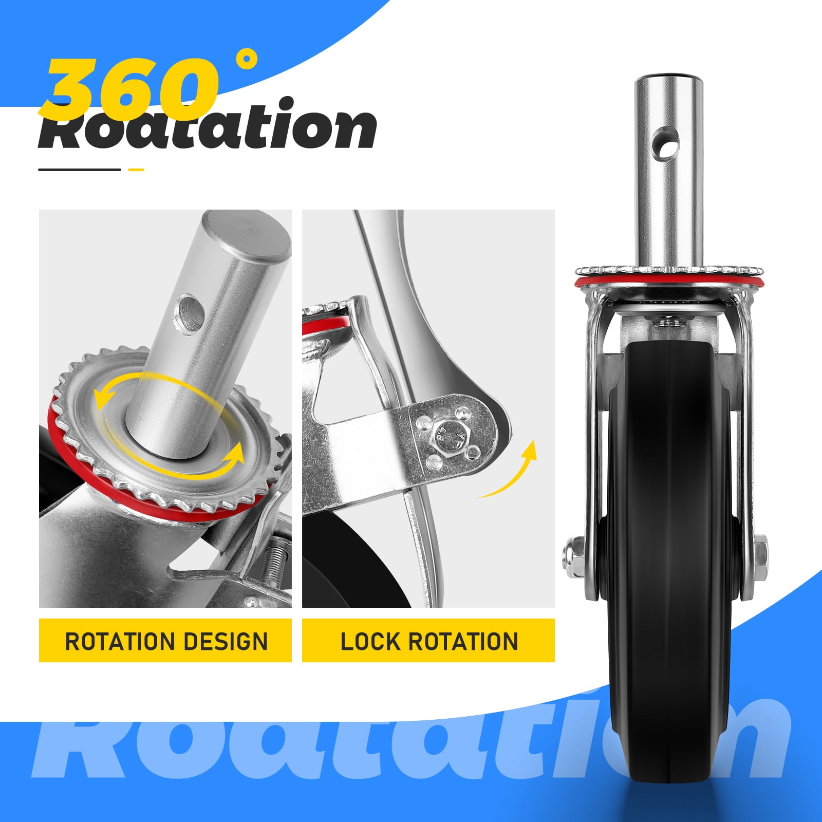 8 Inch Scaffolding Wheels, 4 Pack Heavy Duty Rubber Casters with Dual Locking Brakes, 4400 LBS Capacity, 360° Swivel Caster Wheels with Steel Plate for Scaffolding, Tool Carts, Workbenches