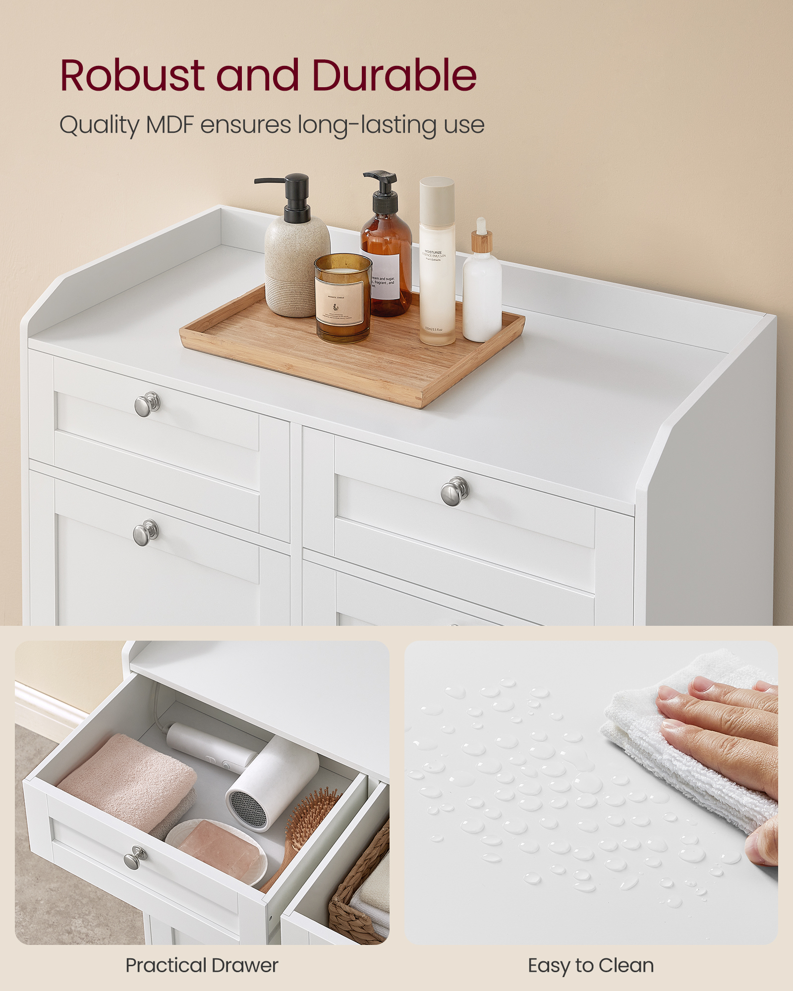 Cloud White Bathroom Cabinet with Dual Hidden Laundry Hampers - Stylish Storage Solution for Your Bathroom