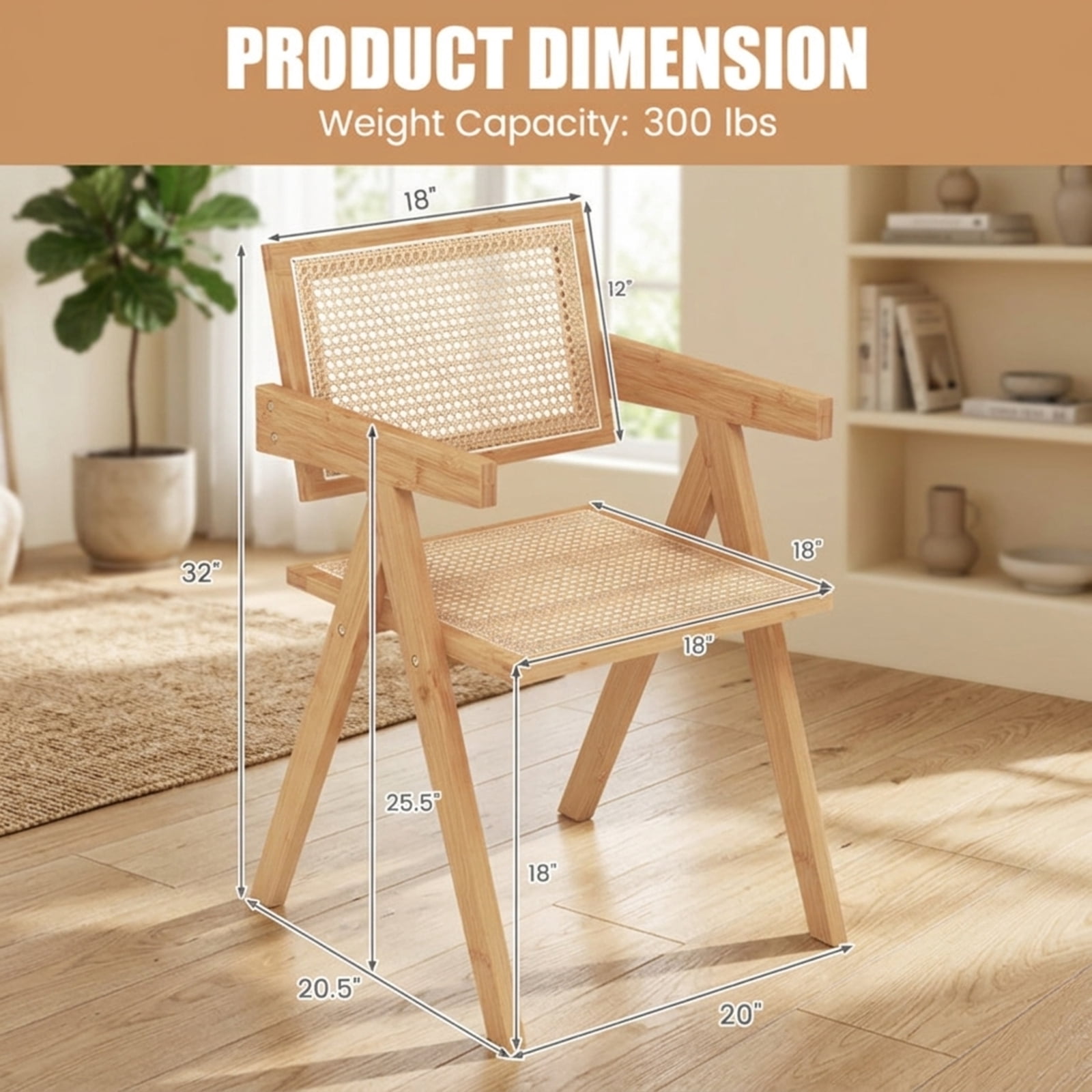 Furnibear Set of 2 Rattan Accent Chairs with Natural Bamboo Frame and Wide Seat for Living Room Dining Room and Kitchen, Natural