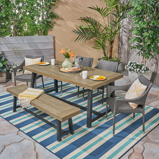 Ross Outdoor 6 Piece Dining Set With Stacking Wicker Chairs And Bench Sandblast Gray Black Com - Outdoor Patio Dining Set With Bench
