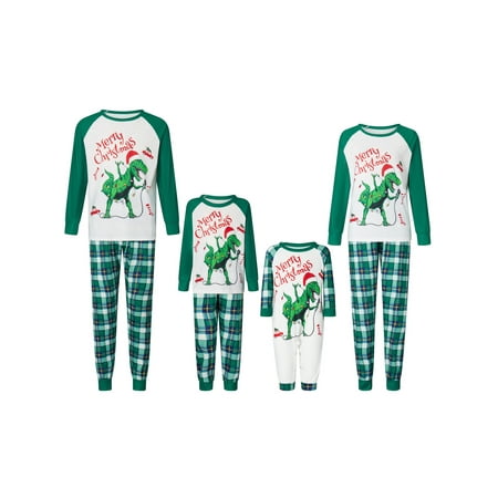

Thaisu Christmas Family Pajamas Matching Set Dinosaur Print Long Sleeve Shirt Plaid Pants Holiday Sleepwear