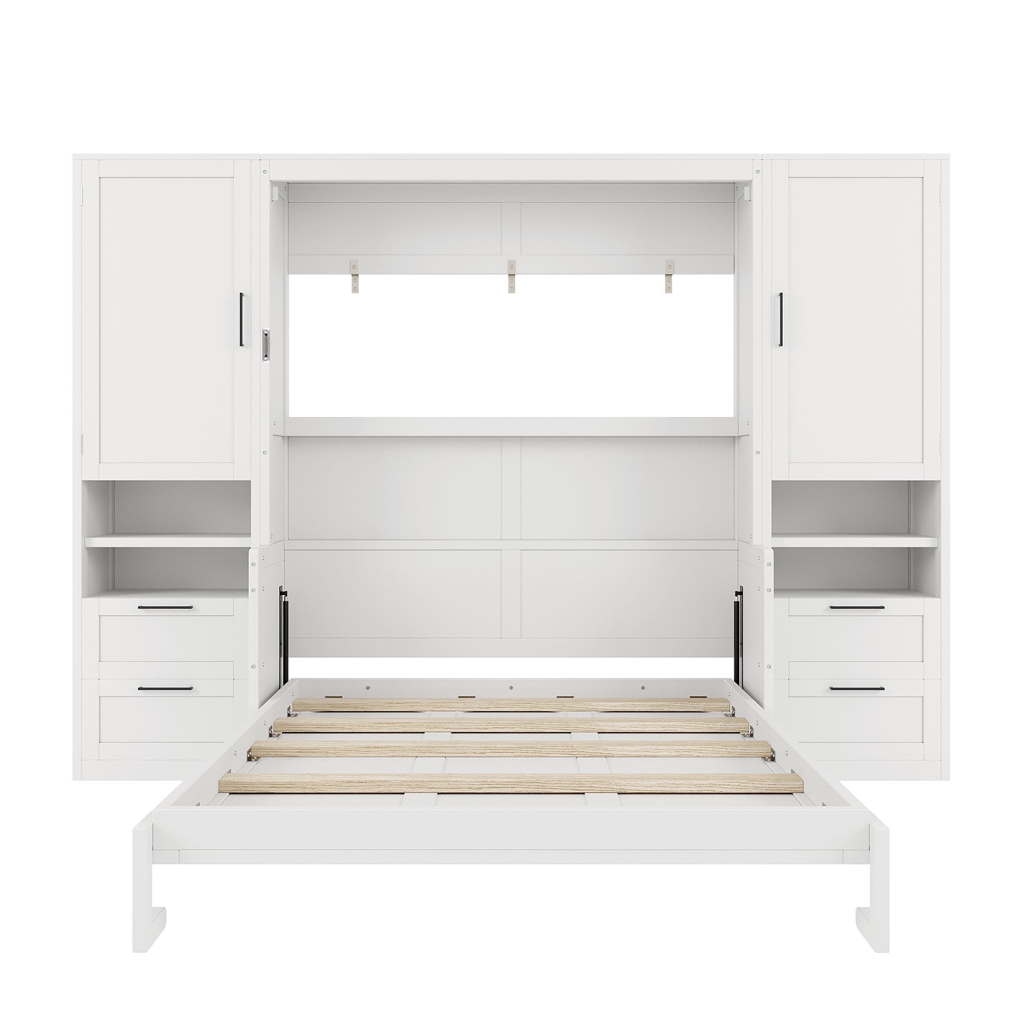 Queen Size Murphy Bed with 2 Closet, 4 Drawers and Open Shelves for Small Space, Guest Room