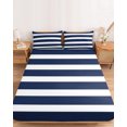 thumbnail image 2 of Cal.King Size Fitted Sheet Set - Navy Blue Stripe 3 Piece Bedding Sets 16" Deep Pocket Fitted Sheet with 2 Pillowcases, Modern Simple Geometric White Striped Brushed Microfiber Hotel Bed Sheets, 2 of 9