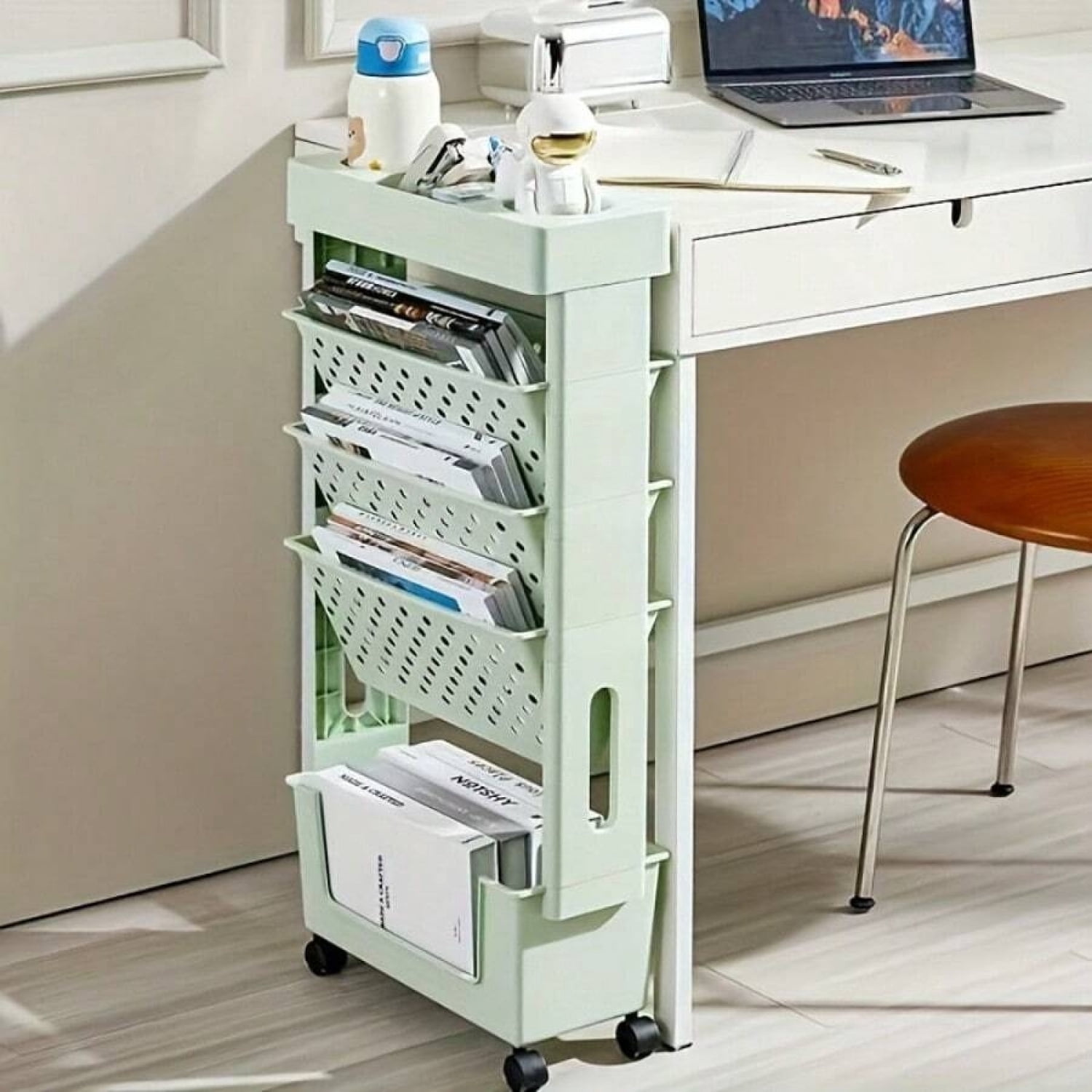 NTGFU 5-Tier Green Movable Bookshelf, Tableside Bookshelf, Book Storage Rack, File Storage Rolling Bookcase, Movable Folder Storage Cart with Wheels, Tableside Storage Cabinet with Wheels