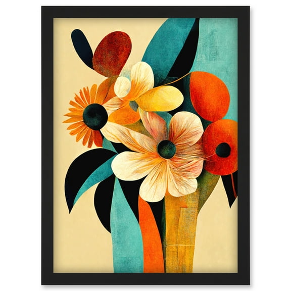 Vibrant Modern Abstract Oil Painting Summer Flower Bouquet Teal Orange Artwork Framed Wall Art Print A4