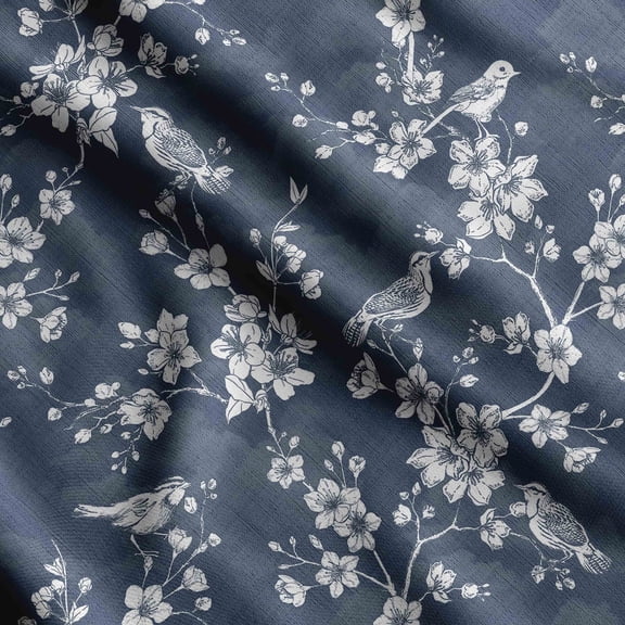 Soimoi Bird & Flowers Print Silk Fabric Decor Sewing Fabric By The Yard 42 Inch WideDecorative Fabric For Shirts, Suits, Ties-Blue