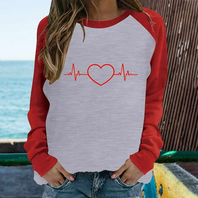 Pisexur Womens Valentines Day Raglan Shirts Love Heart Graphic Tee Round Neck Slim T-Shirt Patchwork Print Blouse