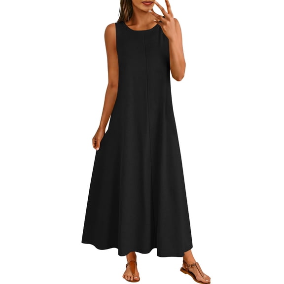Makaor Summer Maxi Dresses for Women A Line Dresses Plus Size Sleeveless Dress Solid Crew Neck Beach Vacation Clothes Black L