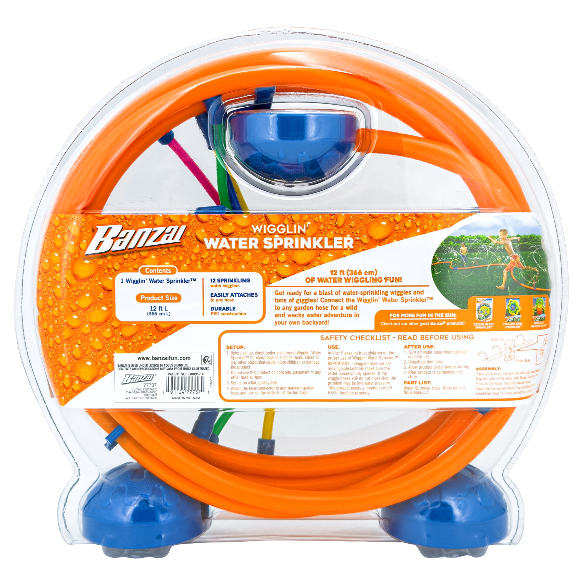 Banzai 12-Foot Wigglin Water Sprinkler Multi-Color Lawn Toy for Kids Ages 3+