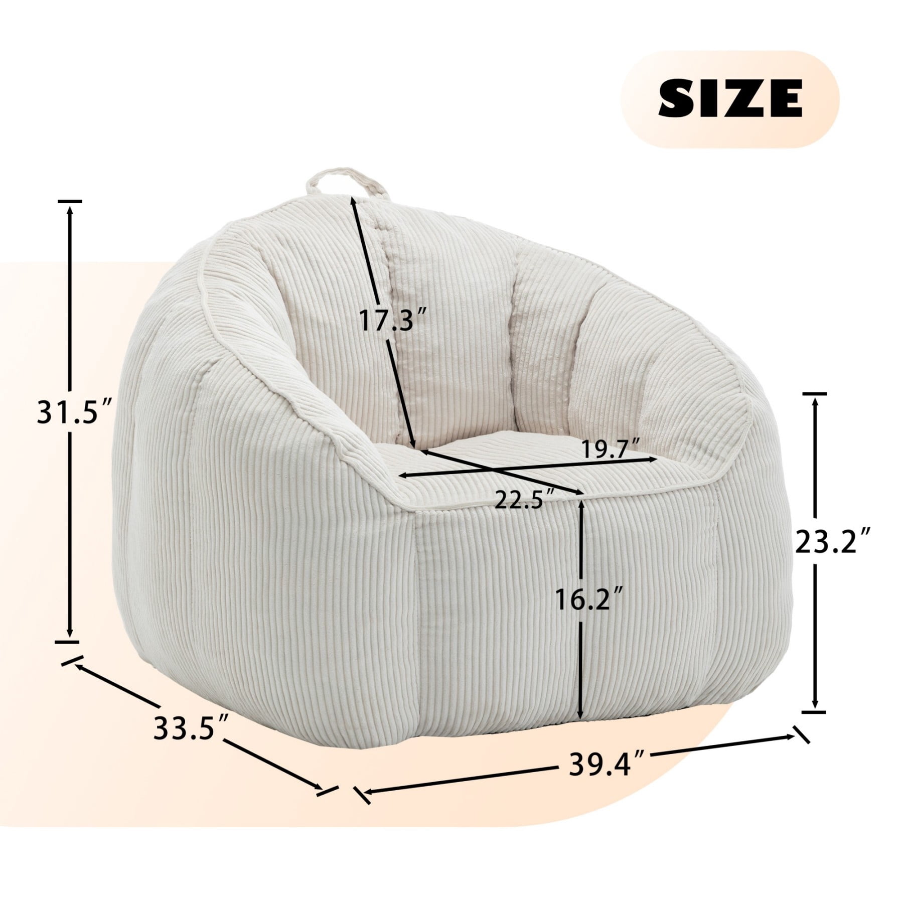 Giant Bean Bag Chair Sofa for Adults & Teens, Corduroy Bean Bag Couch with Armrests & Filler Included, Beige